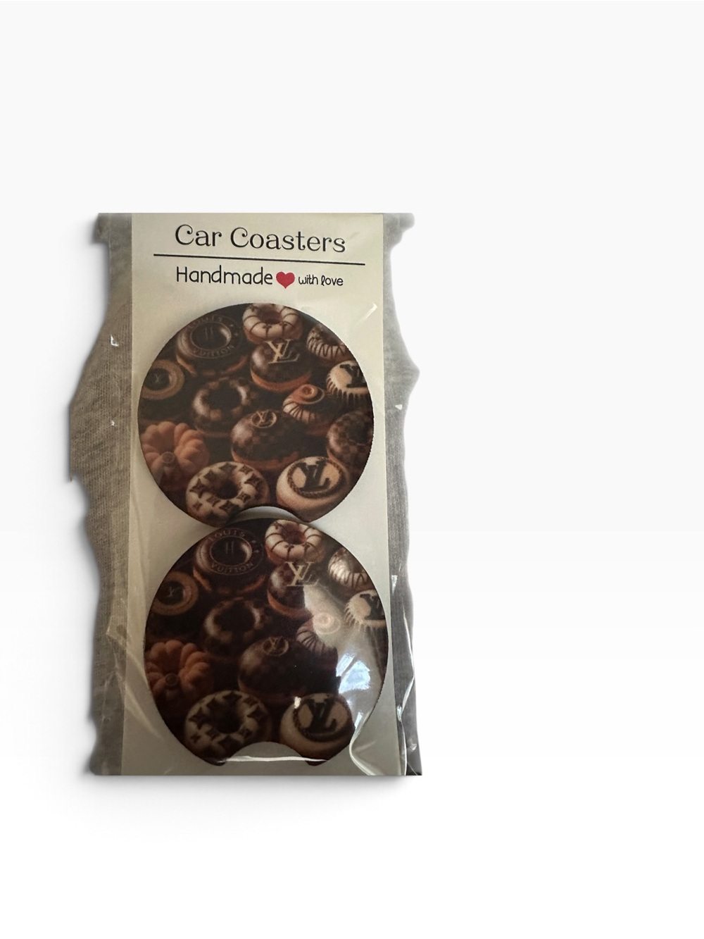 Handmade Chocolate donut Pattern Car Coasters - Brown with logo